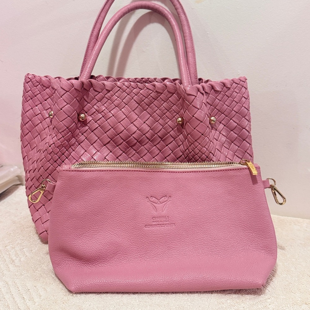 Ghibli Pink Genuine Leather Woven Tote Handbag Removable Pouch Gold Hardware - Picture 7 of 13